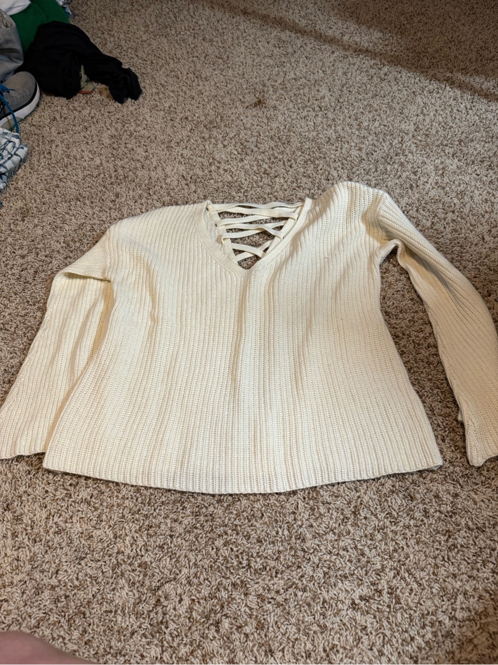 Poof! Cream Lace-Up V-Neck Ribbed Sweater